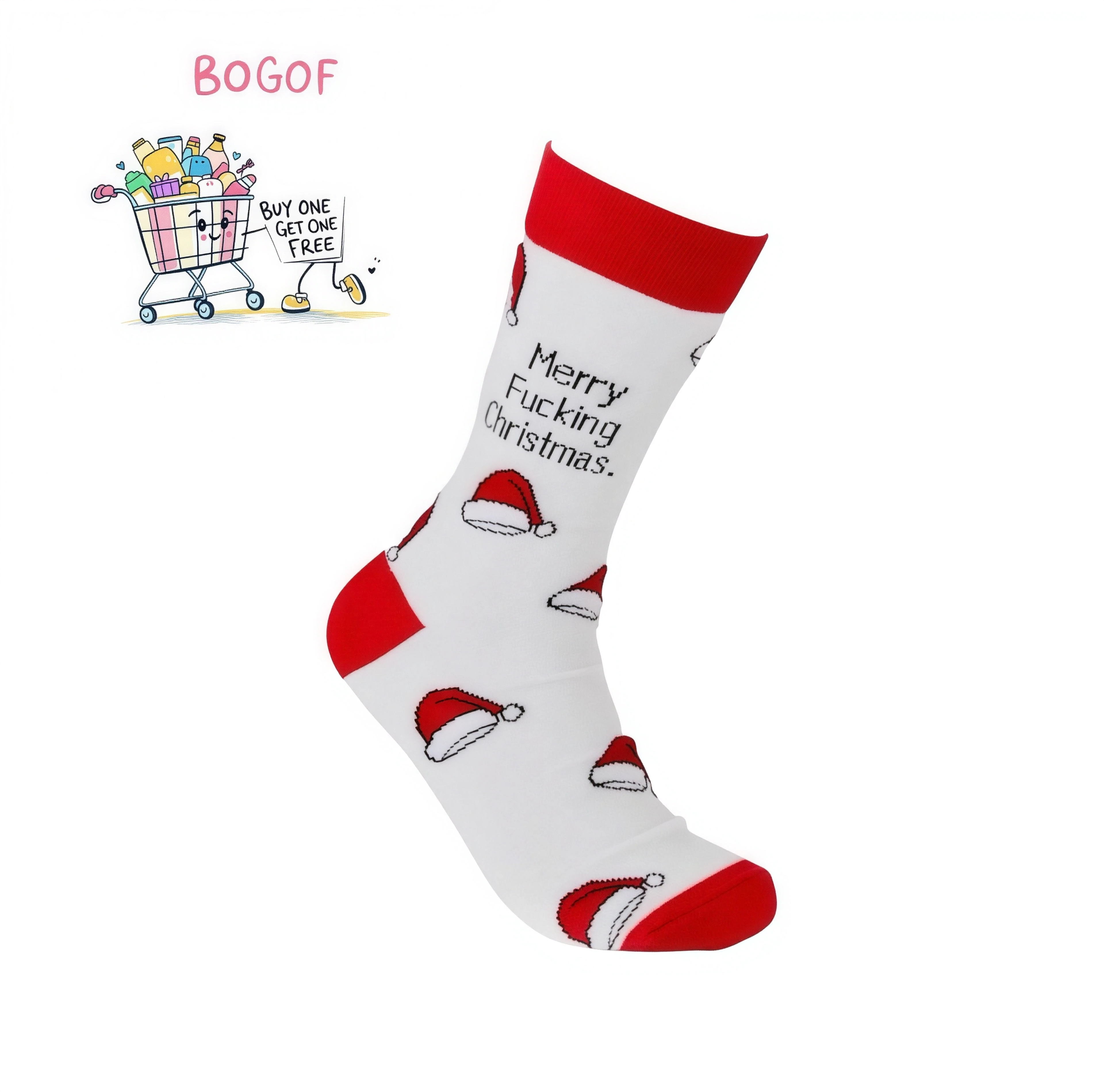 Merry Fucking Christmas Socks with red Santa hat design and cheeky holiday message