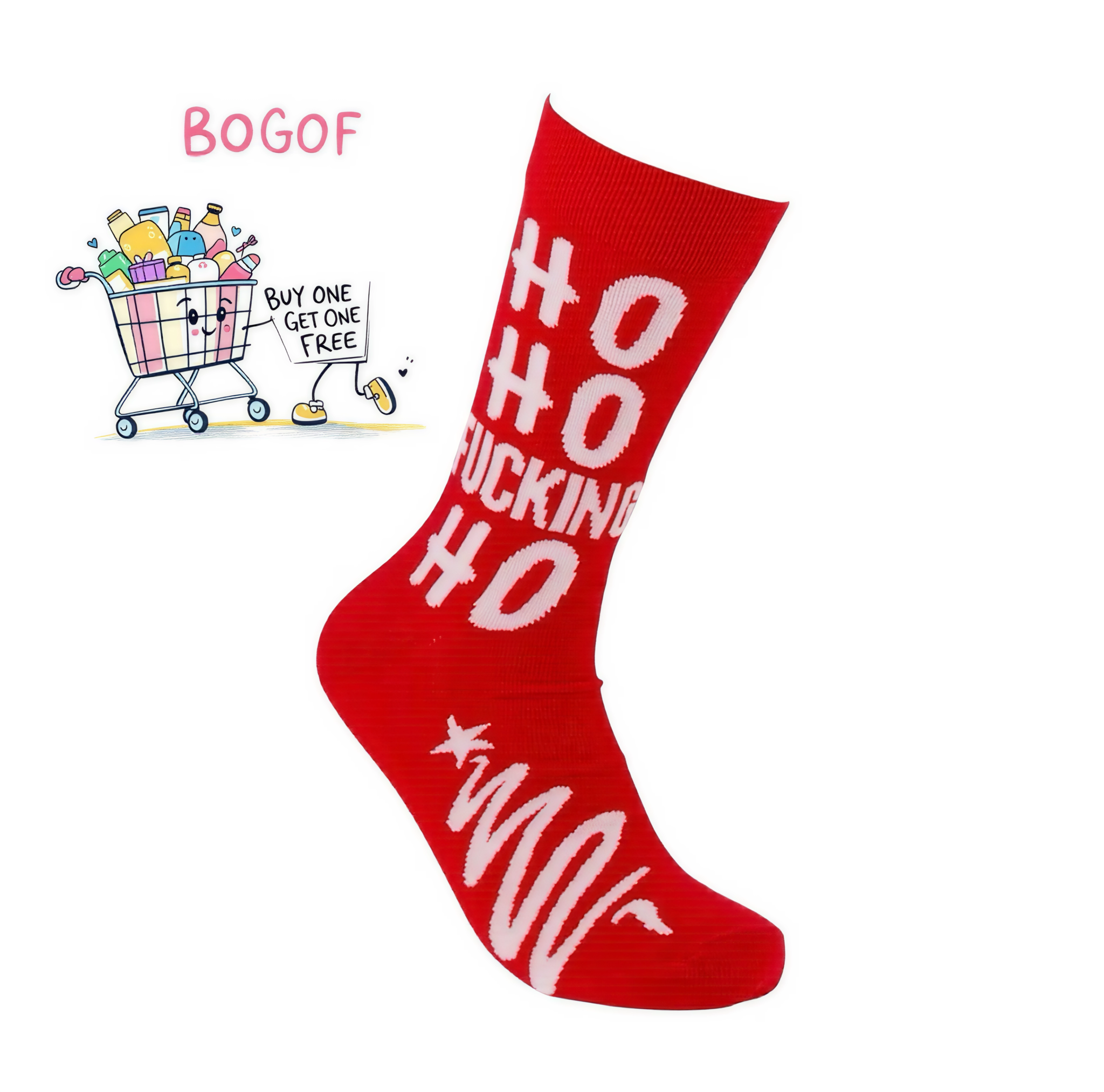 Red Ho Ho Fucking Ho Socks with white text, unisex cotton blend festive socks UK size 6-11