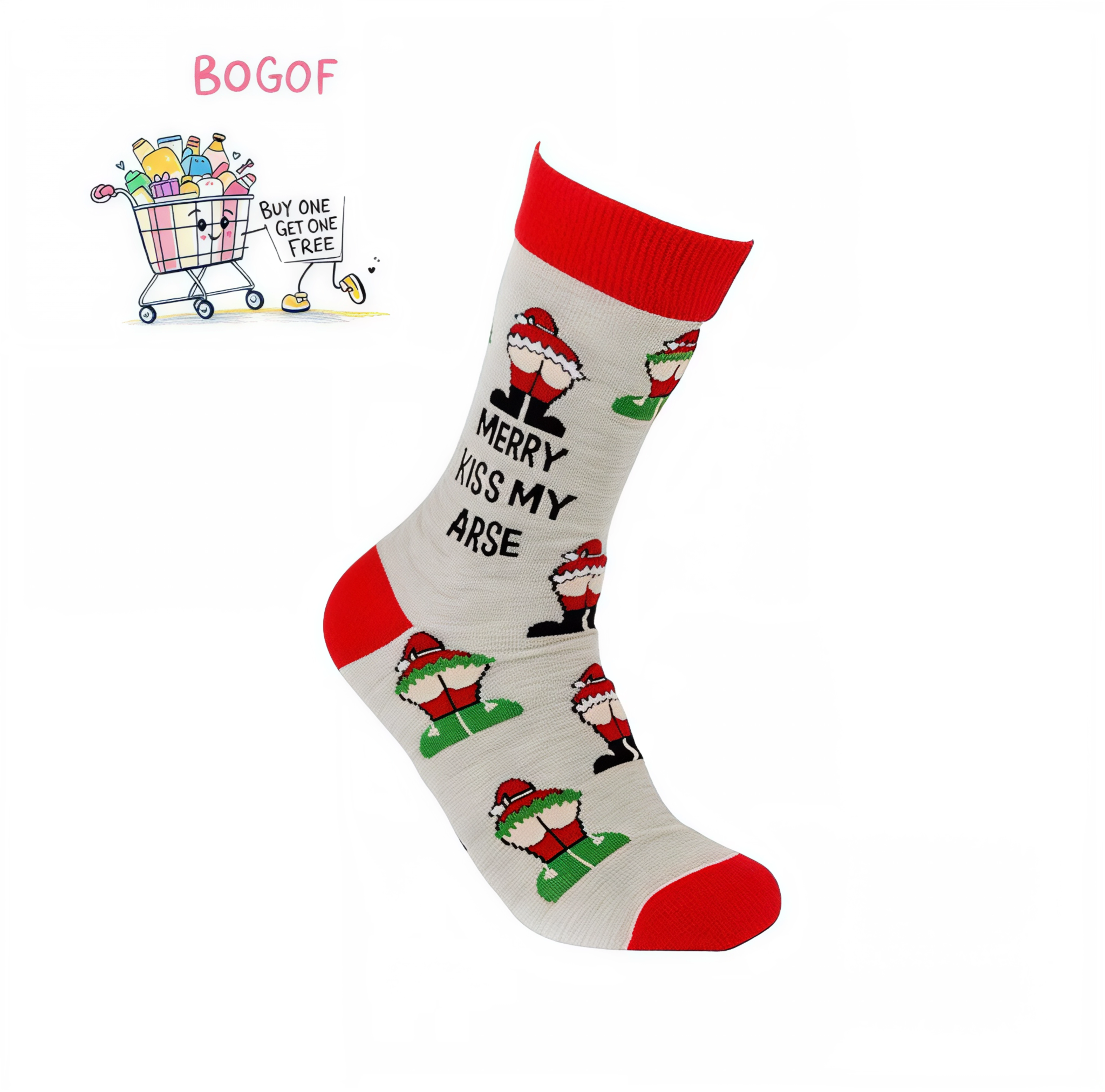 Merry Kiss My Arse festive cotton socks with cheeky Santa design and red accents