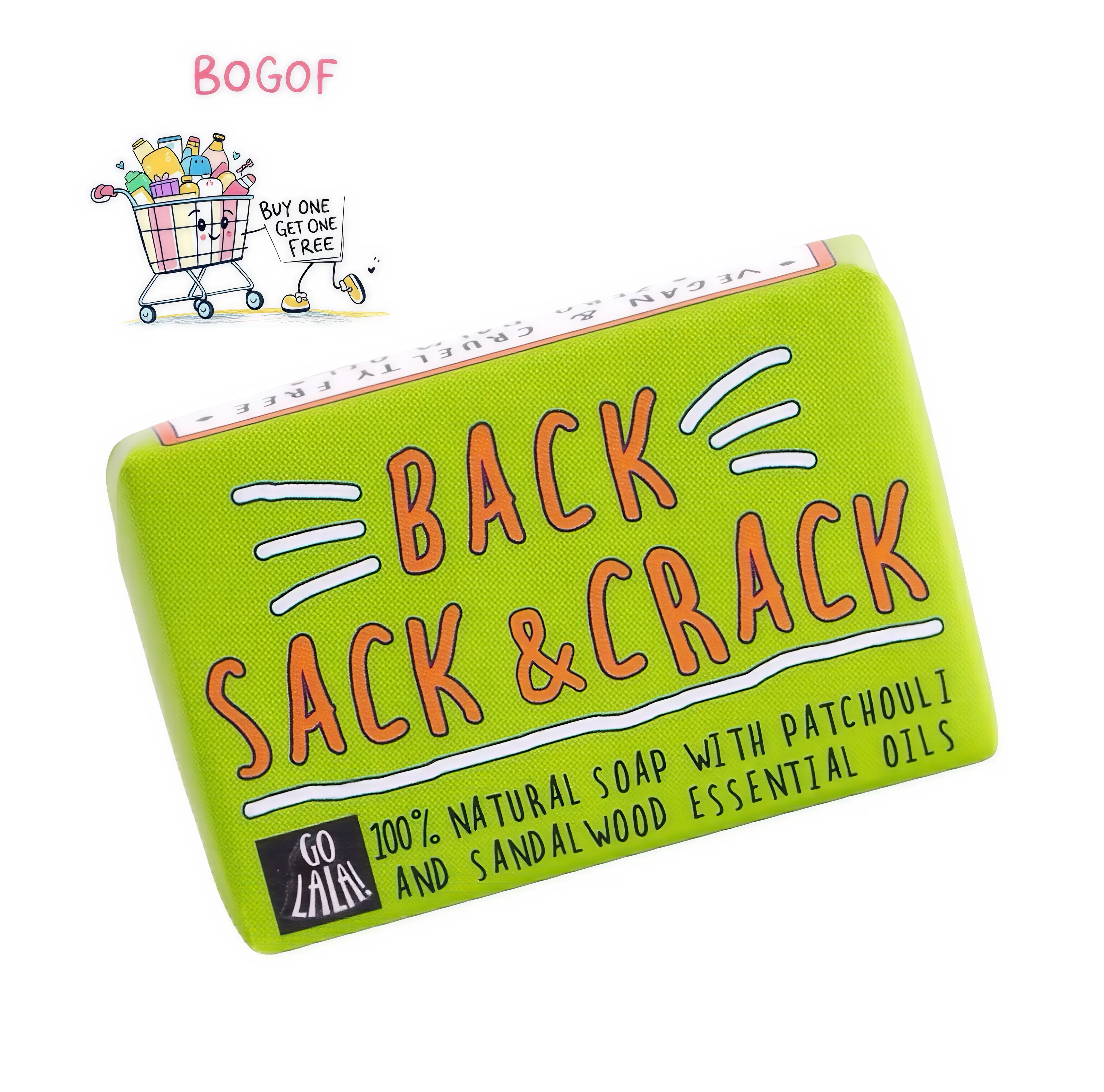Back Sack and Crack Soap bar with patchouli and sandalwood essential oils in green packaging, vegan and palm oil free.