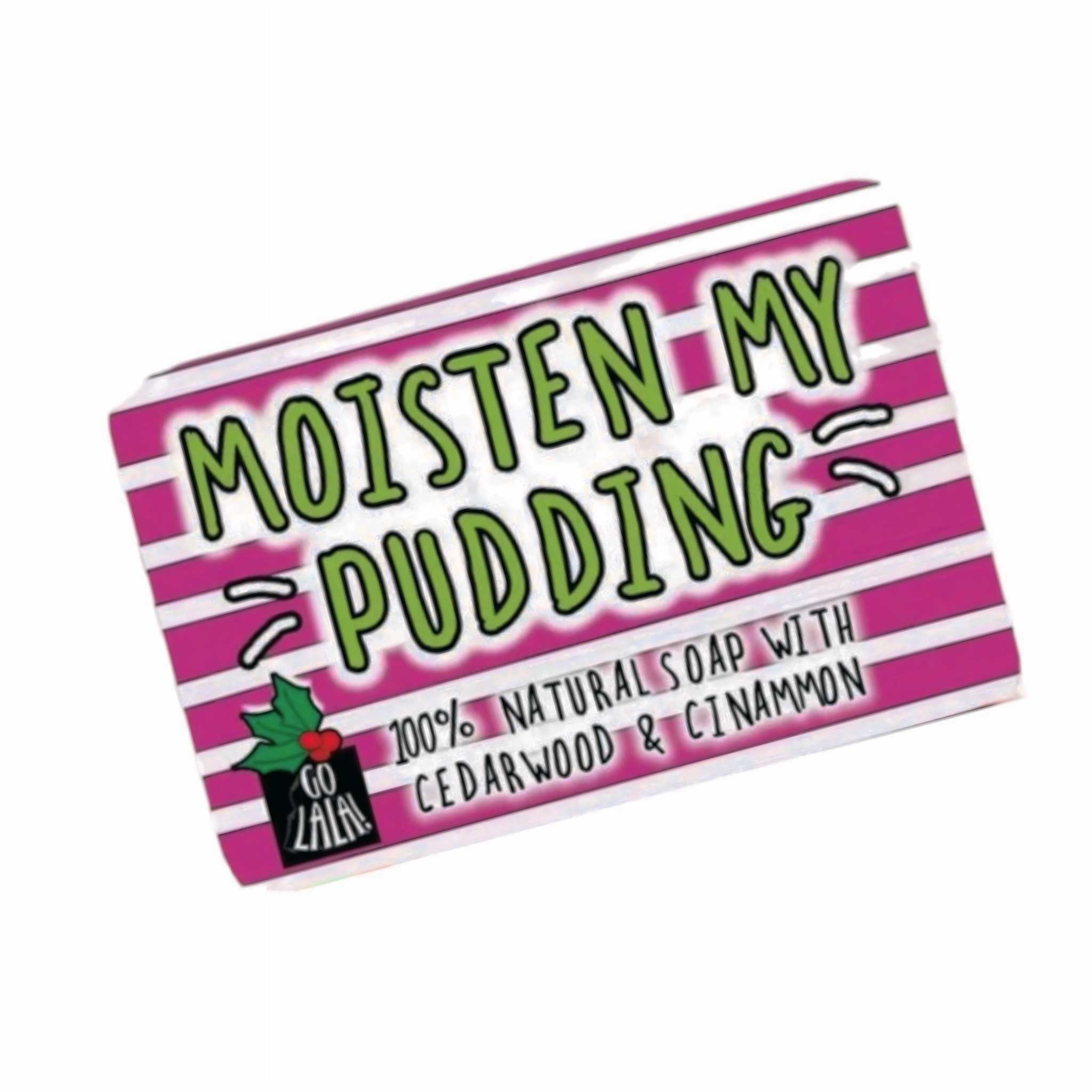 Moisten My Pudding Soap packaging with cedarwood and cinnamon scent, vegan, palm oil-free.