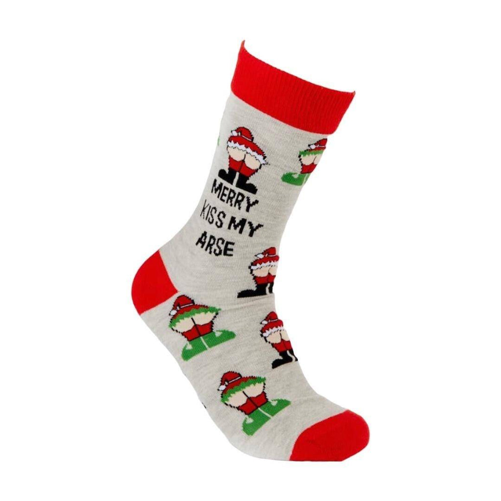 Merry Kiss My Arse socks with festive Santa design, premium cotton, unisex UK size 6-11.