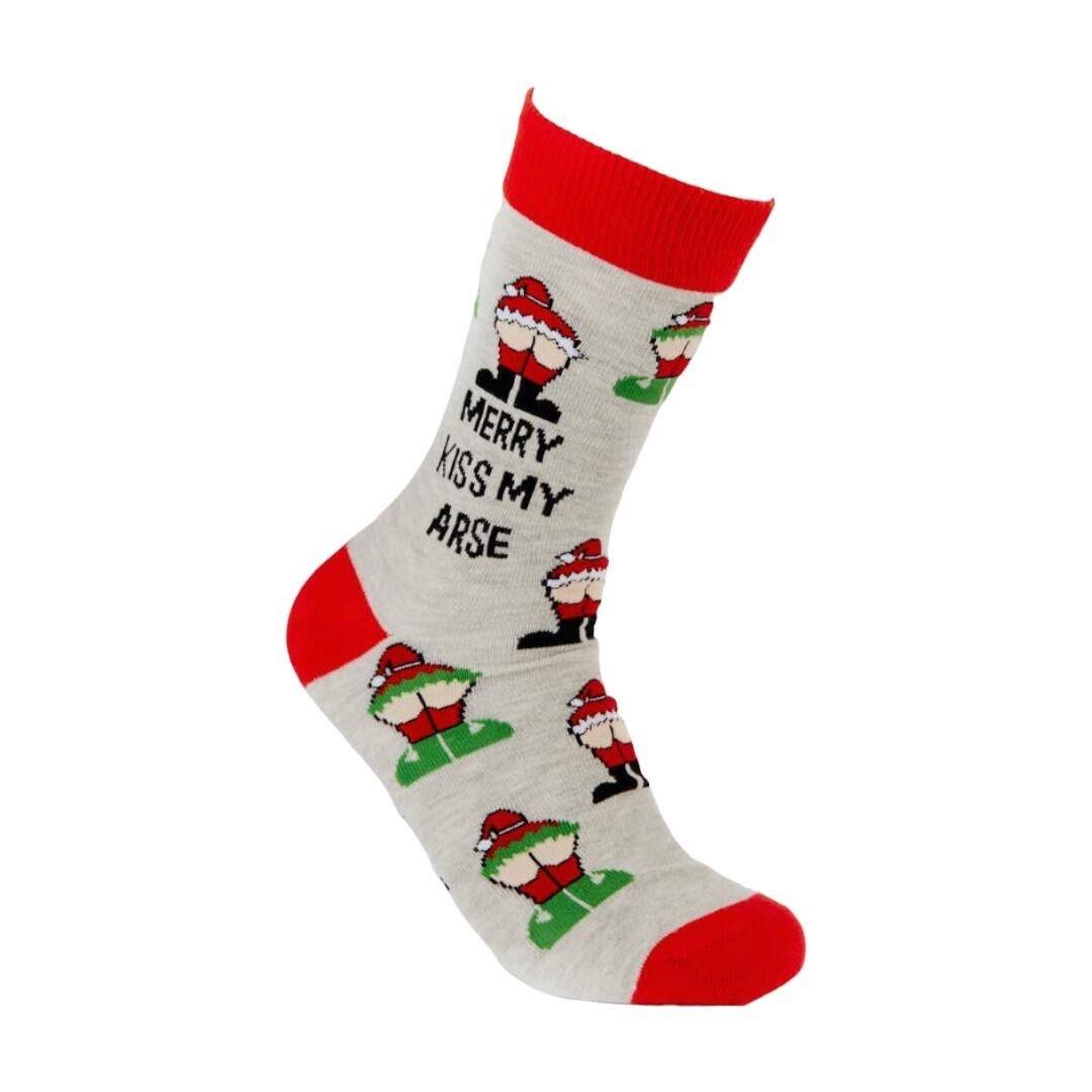 Merry Kiss My Arse socks with festive Santa design, premium cotton, unisex UK size 6-11.