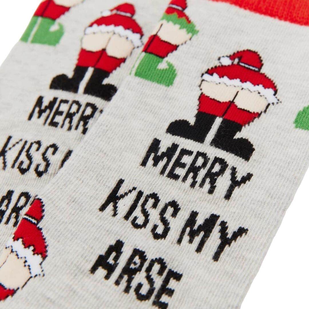 Cheeky "Merry Kiss My Arse" socks with festive design, cotton-rich, unisex size UK 6-11.