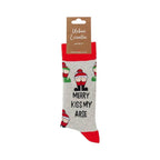 Merry Kiss My Arse socks with festive design and humorous text, made from premium cotton blend for men and women UK size 6-11.