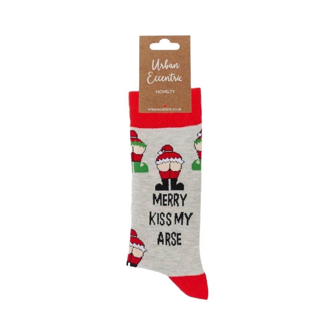 Merry Kiss My Arse socks with festive design and humorous text, made from premium cotton blend for men and women UK size 6-11.