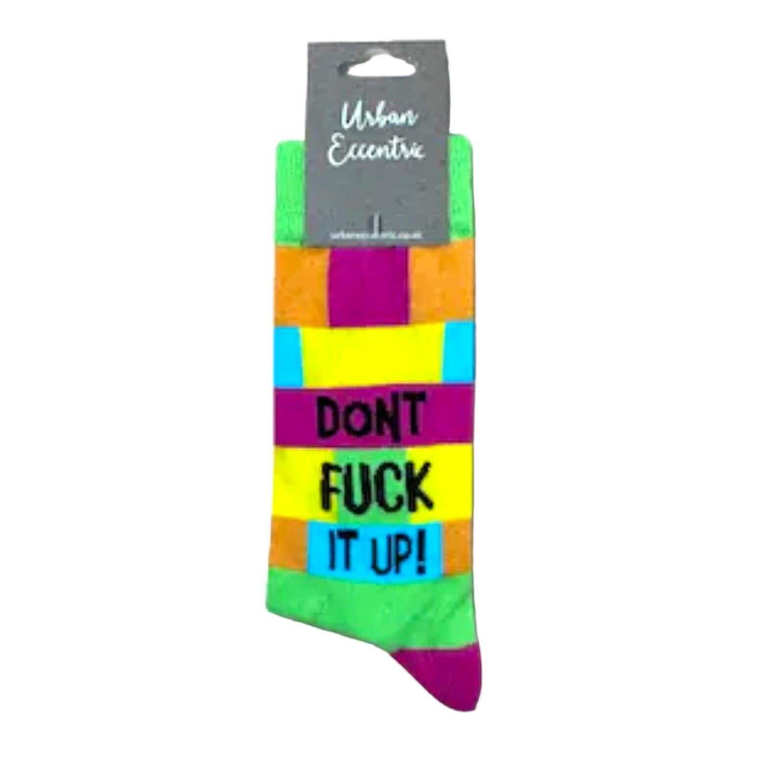 Colorful "Don't Fuck It Up" striped socks, premium cotton, unisex size UK 6-11.