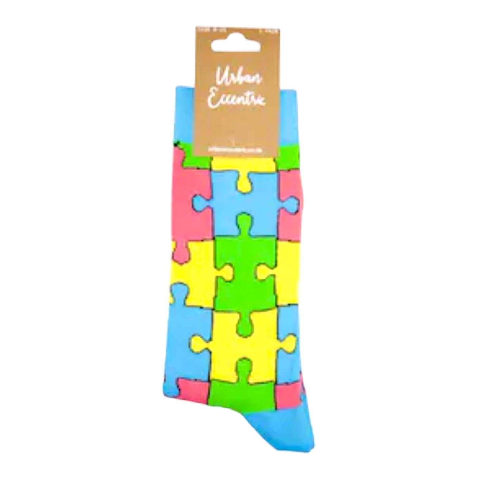 Colorful puzzle piece design on Jigsaw Socks, made with premium cotton.