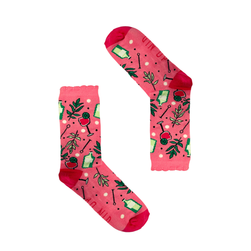 Bright pink mid-calf socks with gin cocktail patterns from the Socktails Gift Set Gin Edition