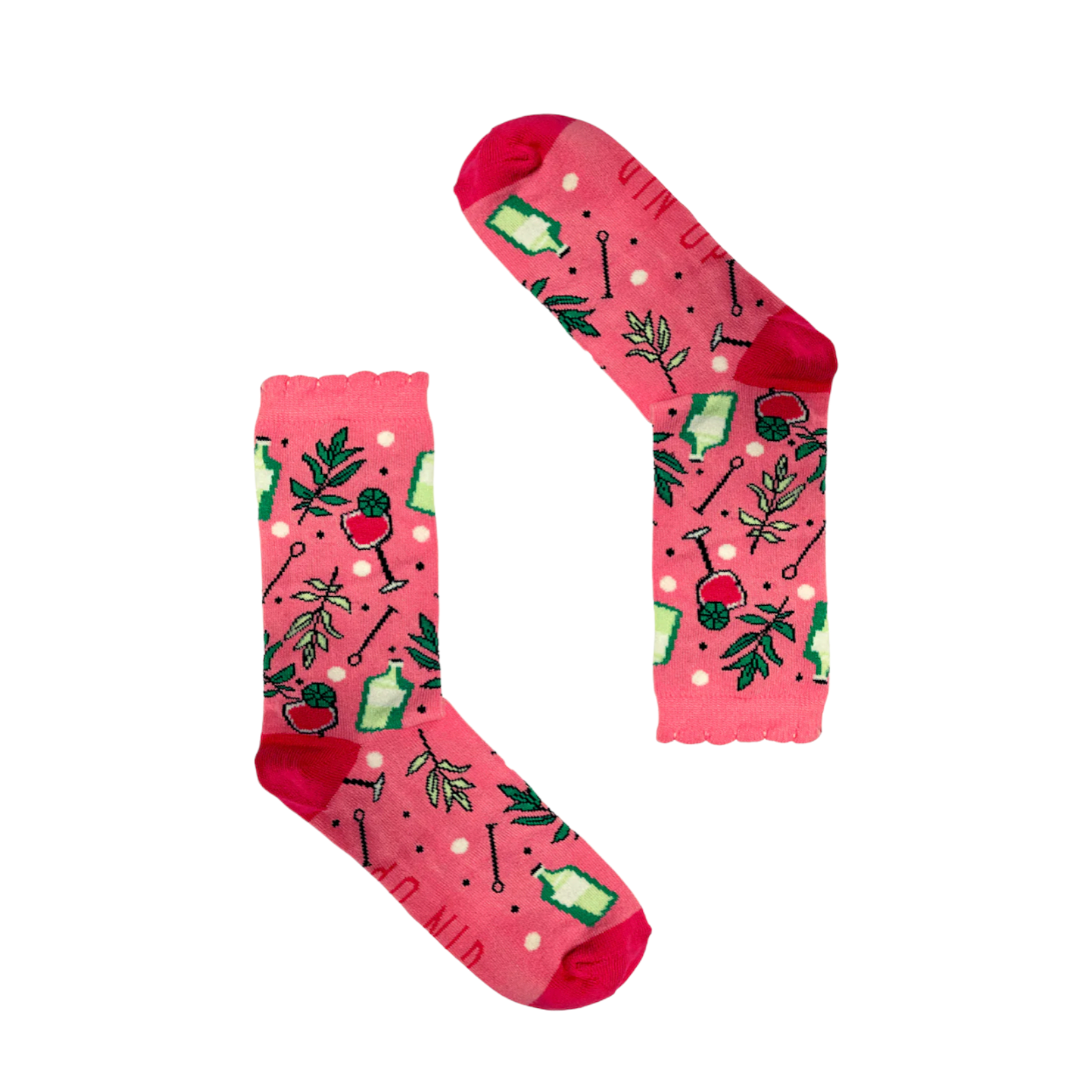 Bright pink mid-calf socks with gin cocktail patterns from the Socktails Gift Set Gin Edition