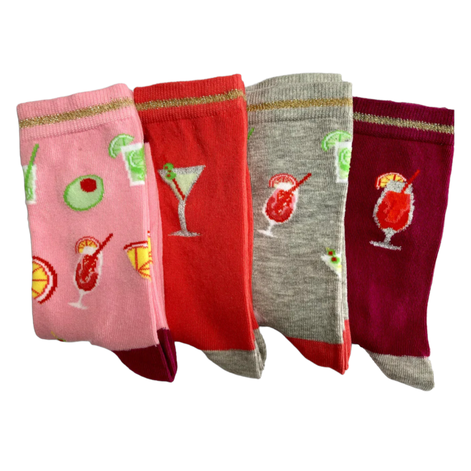 Socktails Gift Set of four cocktail-themed colorful mid-calf socks for women with sparkle accents