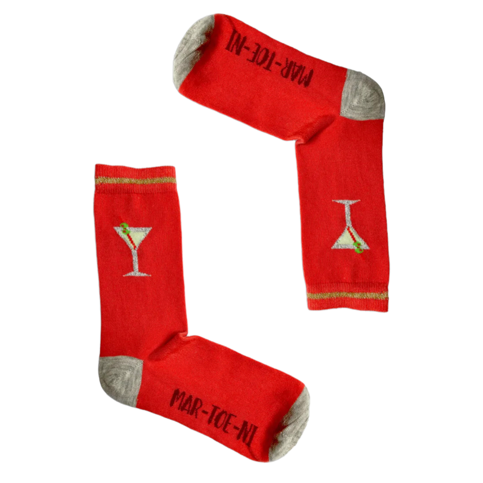 Red cocktail-themed mid-calf socks with grey heels and toes from the Socktails Gift Set