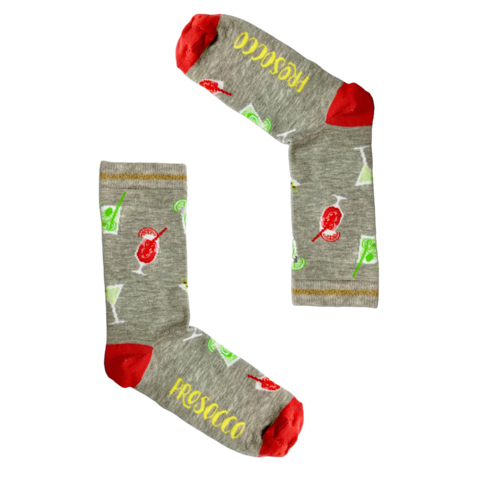 Socktails Gift Set grey mid-calf socks with red toes and cocktail designs including prosecco and drinks illustrations