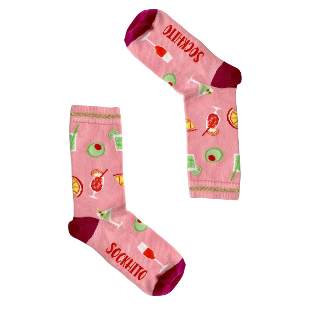 Pink cocktail-themed mid-calf socks with "Sockchito" text, part of the Socktails Gift Set for women UK size 4-8