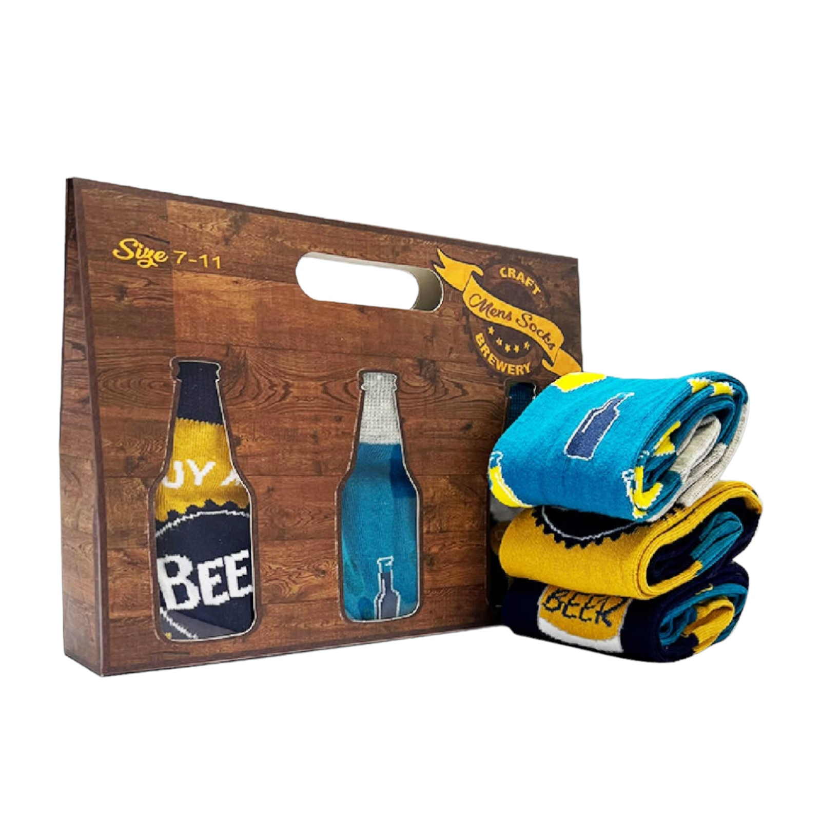 Gift box with three pairs of colorful men's beer socks in size 7-11, cotton-rich and comfortable