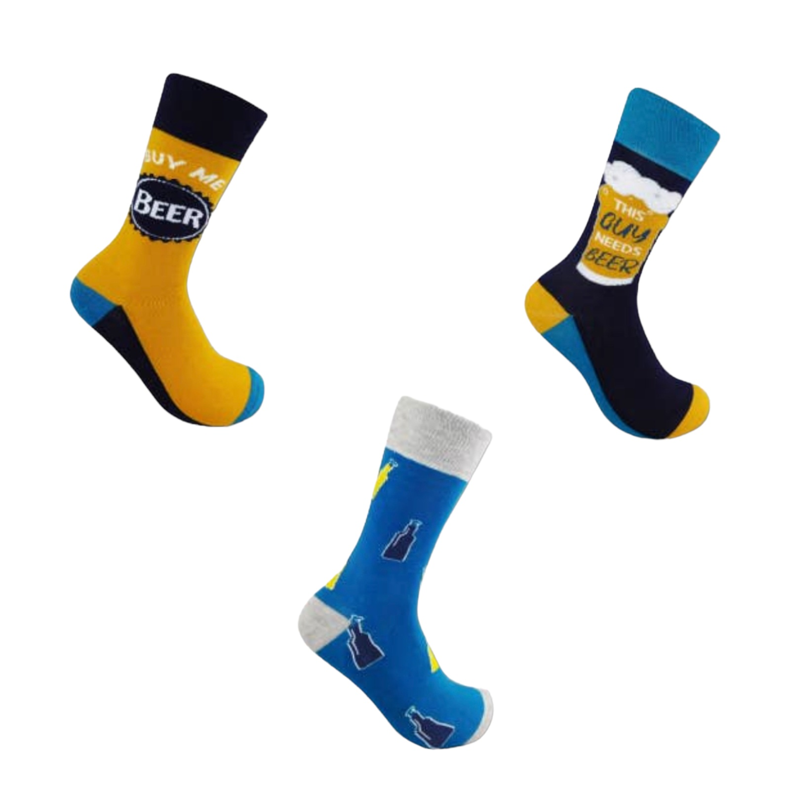 Three pairs of colorful men's beer socks with playful beer-themed designs