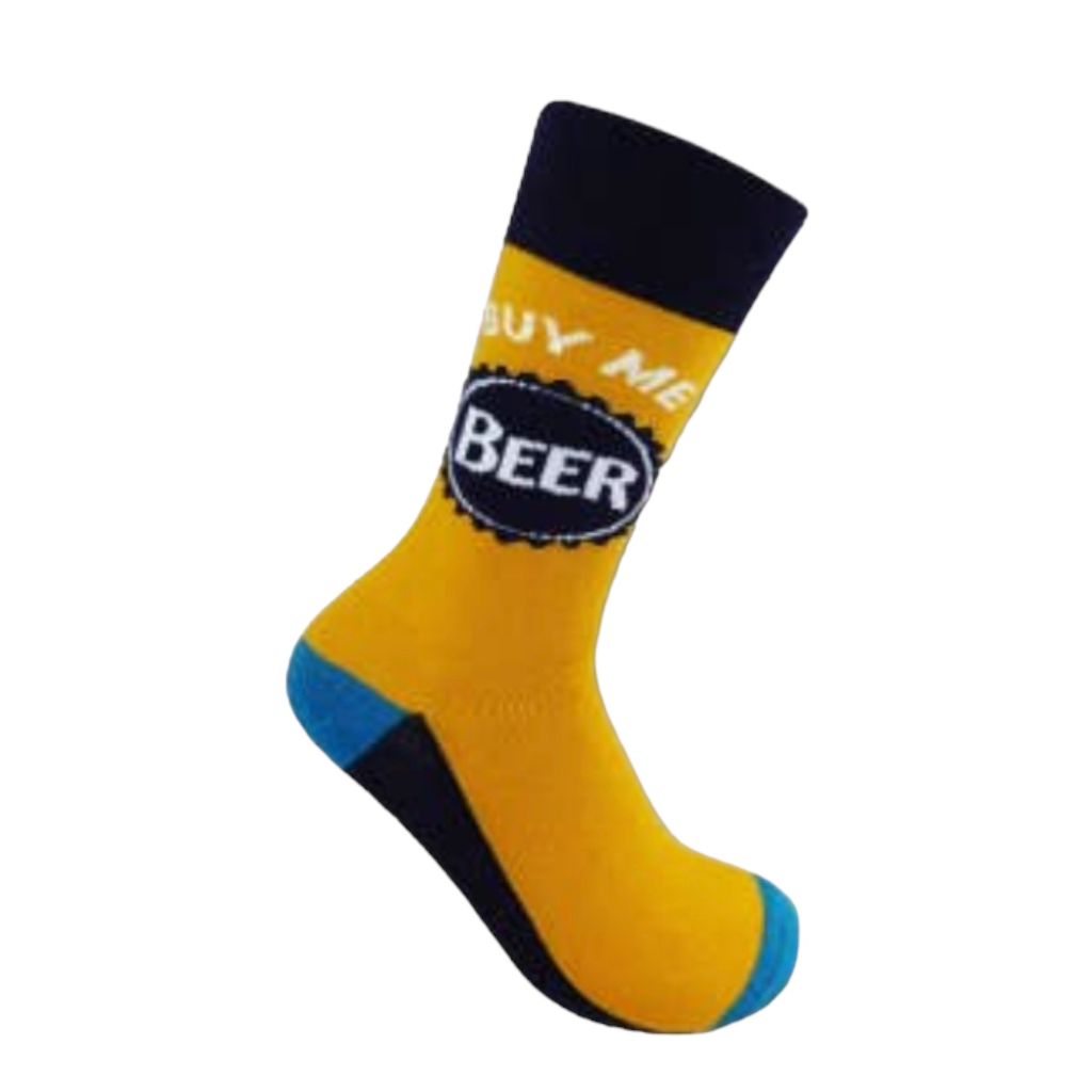 Yellow men's beer socks with "Buy Me Beer" slogan, cotton-rich, gift box set