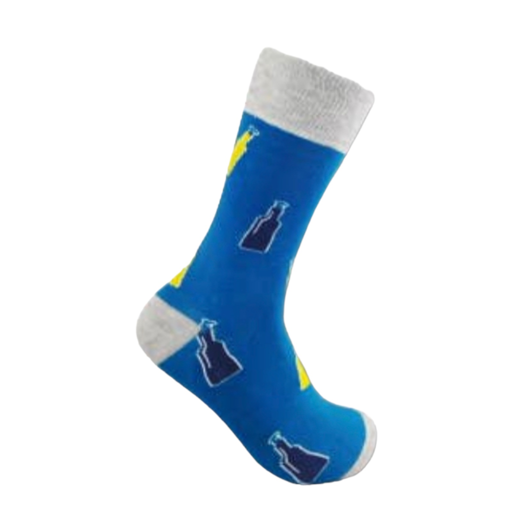 Blue men's beer socks with bottle designs and grey trim