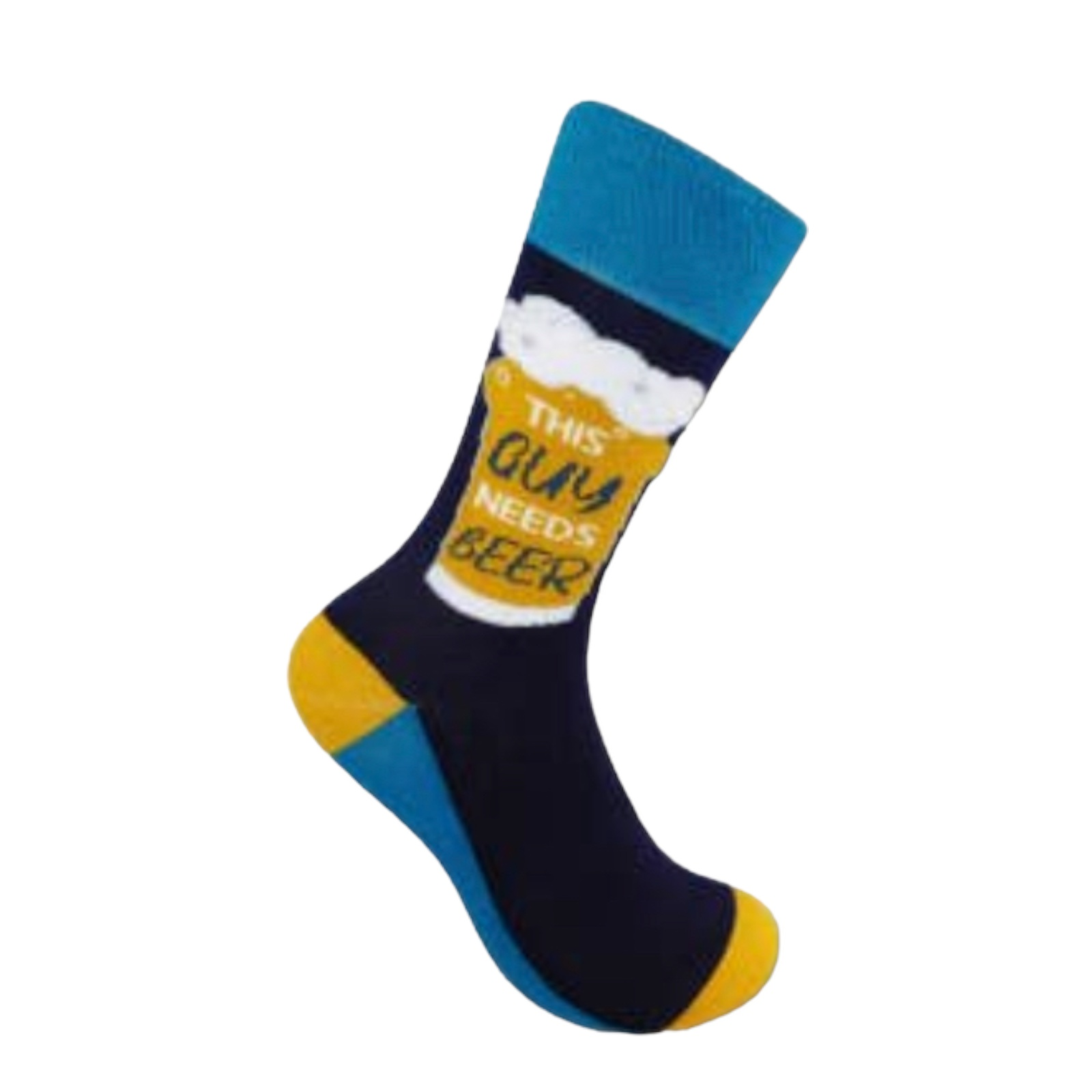 Men's Beer Socks with beer mug design and "This Guy Needs Beer" slogan in blue, yellow, and black colors