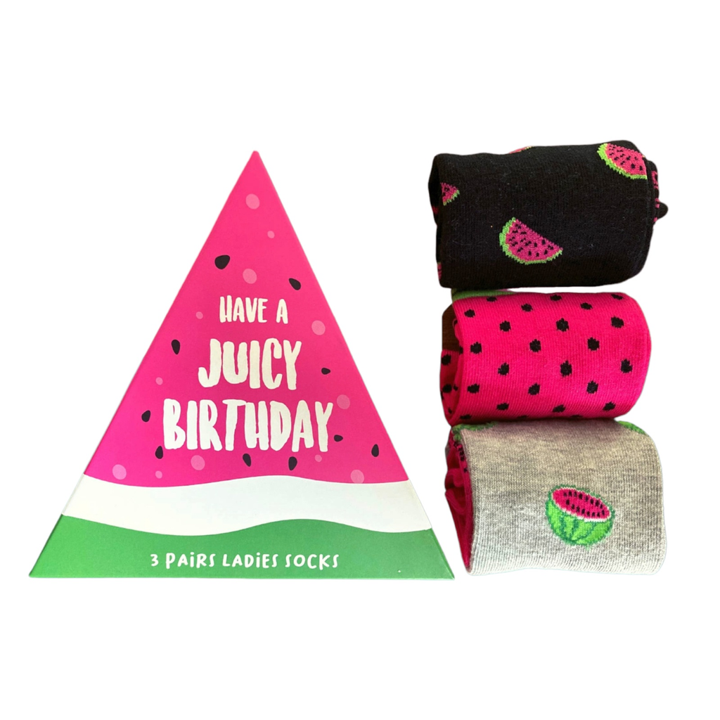 Juicy Birthday Socks gift set with three melon-themed ladies socks in colorful, playful designs