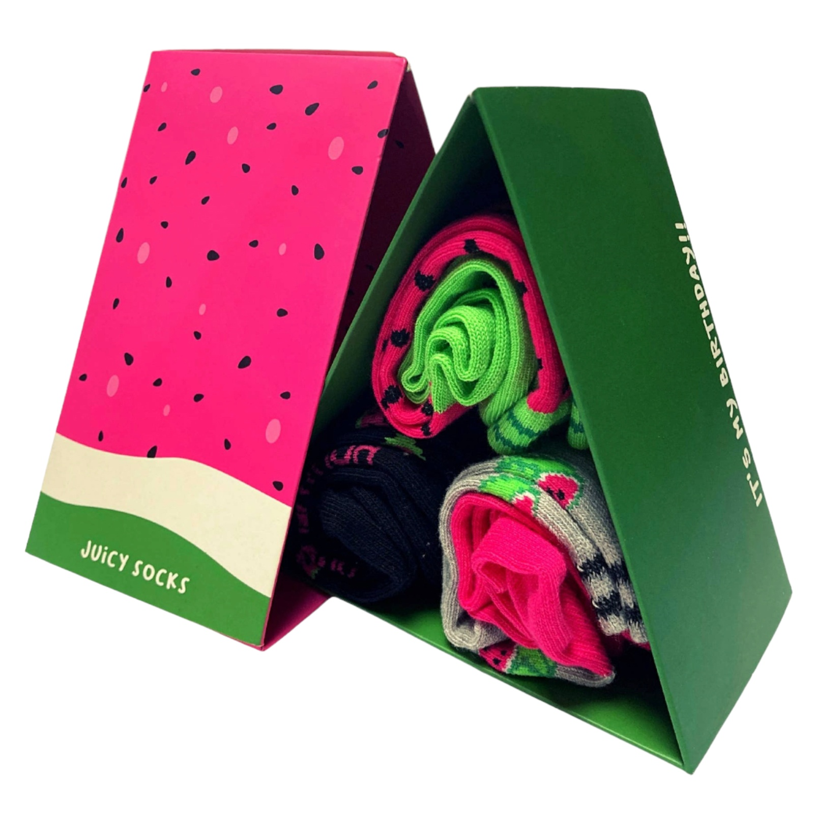 Juicy Birthday Socks gift box with three colorful melon-themed ladies socks, mid calf, one size UK 4-8, soft and comfy