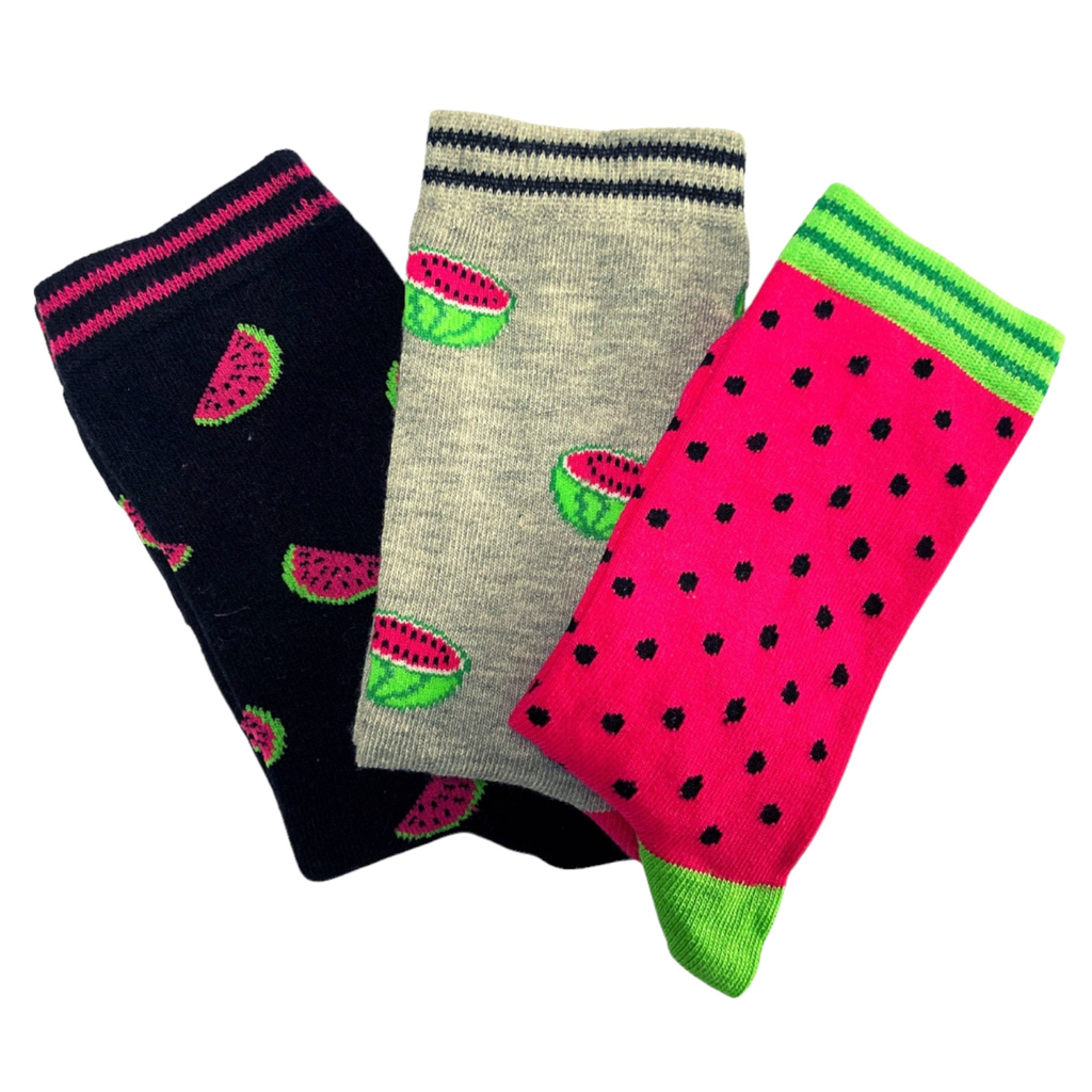 Set of three colorful Juicy Birthday Socks with fun melon and watermelon designs, perfect for gifting or celebrating birthdays.