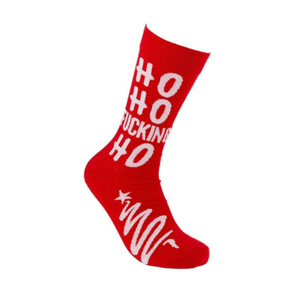 Red Ho Ho Fucking Ho Socks with white festive text and design.