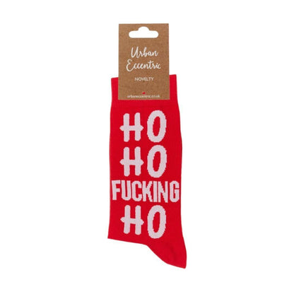 Red Ho Ho Fucking Ho Socks with bold white text, cotton-rich and unisex size UK 6-11.