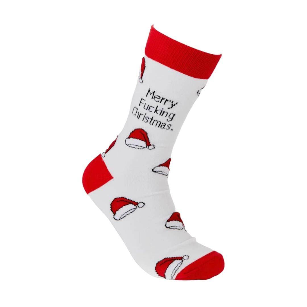 Merry Fucking Christmas socks with Santa hat design, premium cotton, unisex UK 6-11.
