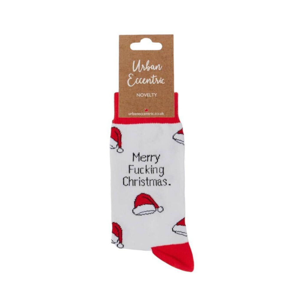 Merry Fucking Christmas socks with Santa hats, premium cotton, unisex UK 6-11.
