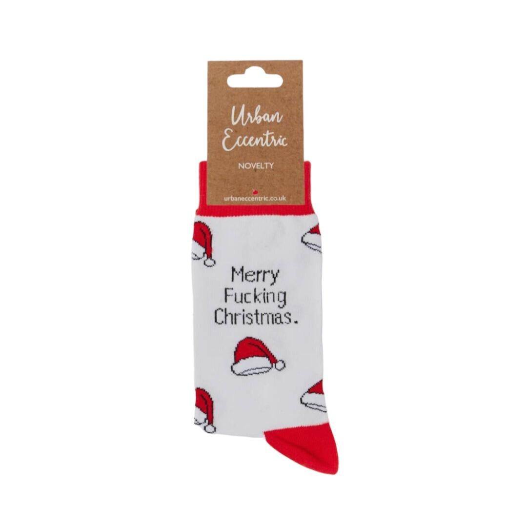 Merry Fucking Christmas socks with Santa hats, premium cotton, unisex UK 6-11.