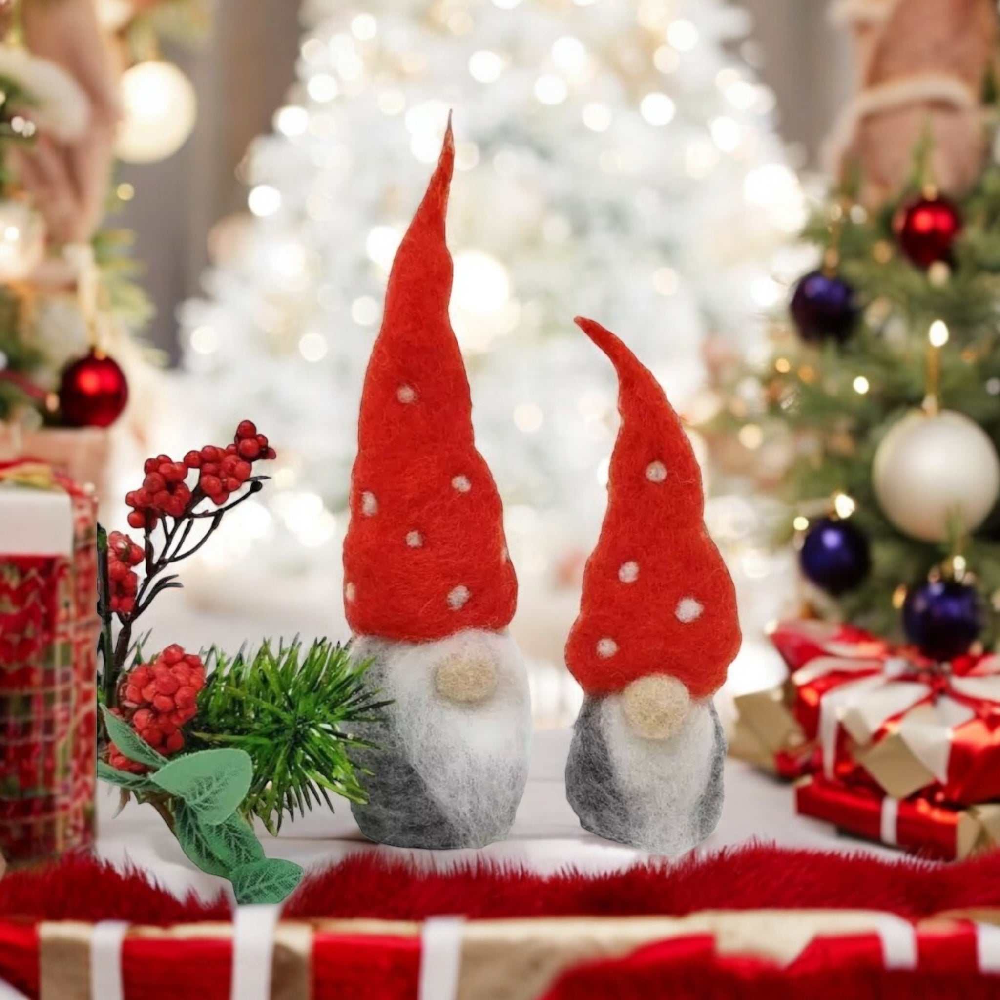 Nordic Gnomes Needle Felting Craft Kit with red-hatted gnomes in a festive setting.
