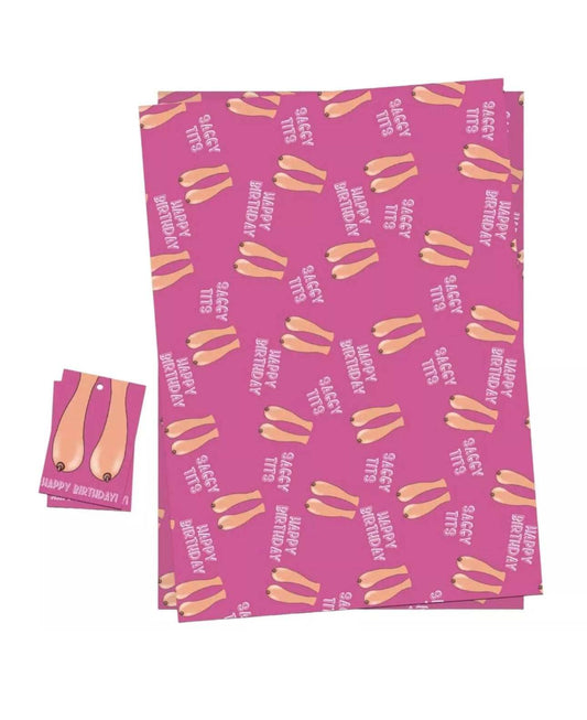 Humorous Saggy Tits gift wrap sheets and tags with pink design.