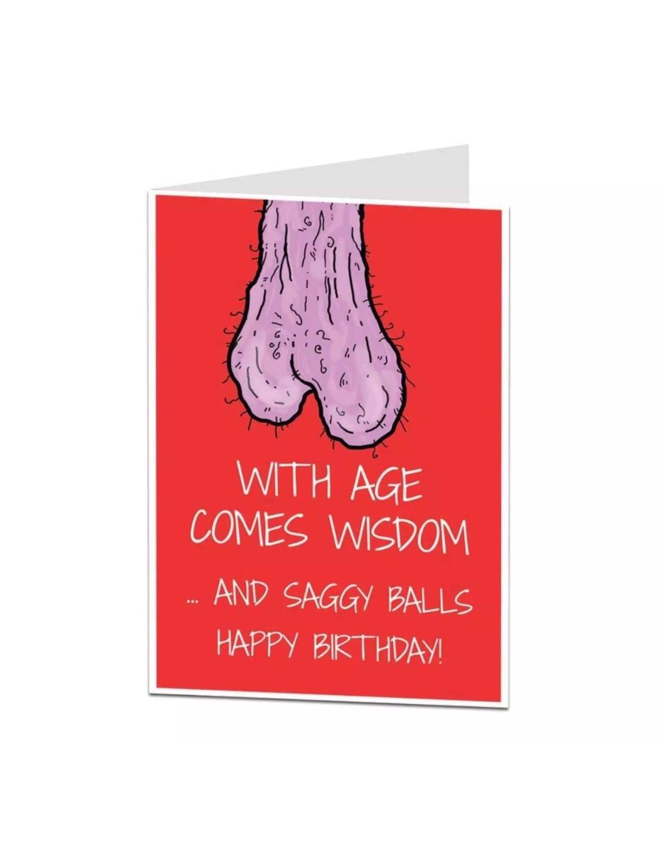 Saggy Balls Birthday Card with humorous design and red background.