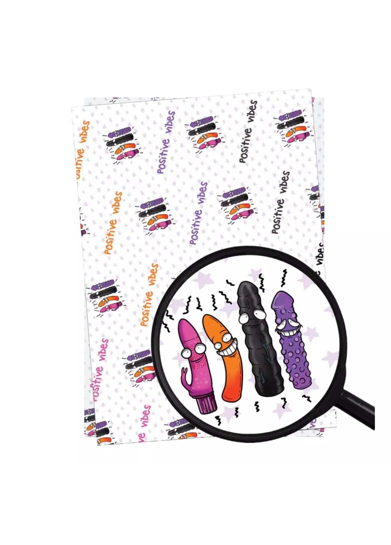 Playful Positive Vibes Gift Wrap with funny character design and matching gift tags.