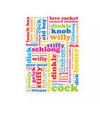 Playful Cheeky Willie gift wrap with colorful, humorous words.