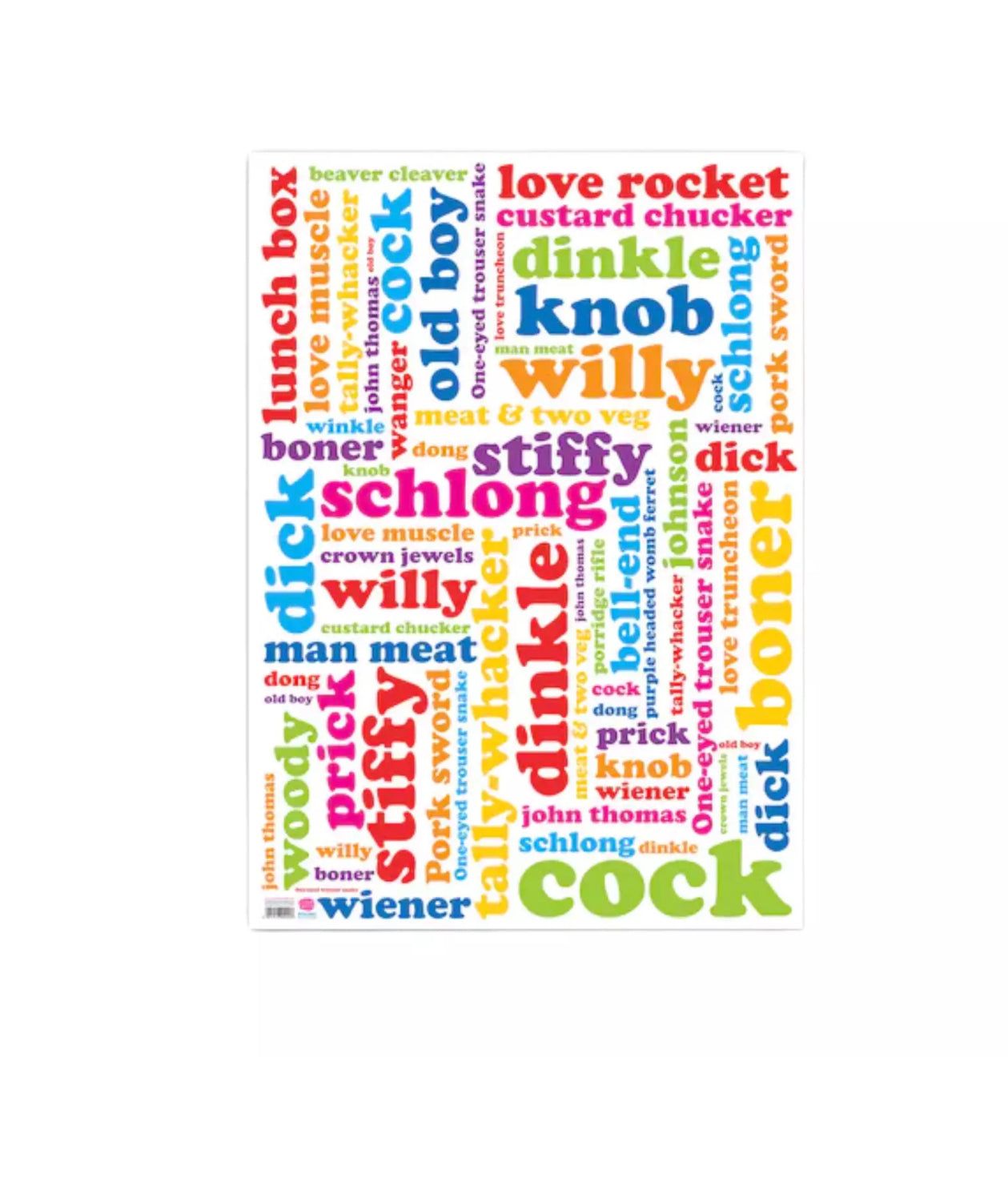 Playful Cheeky Willie gift wrap with colorful, humorous words.