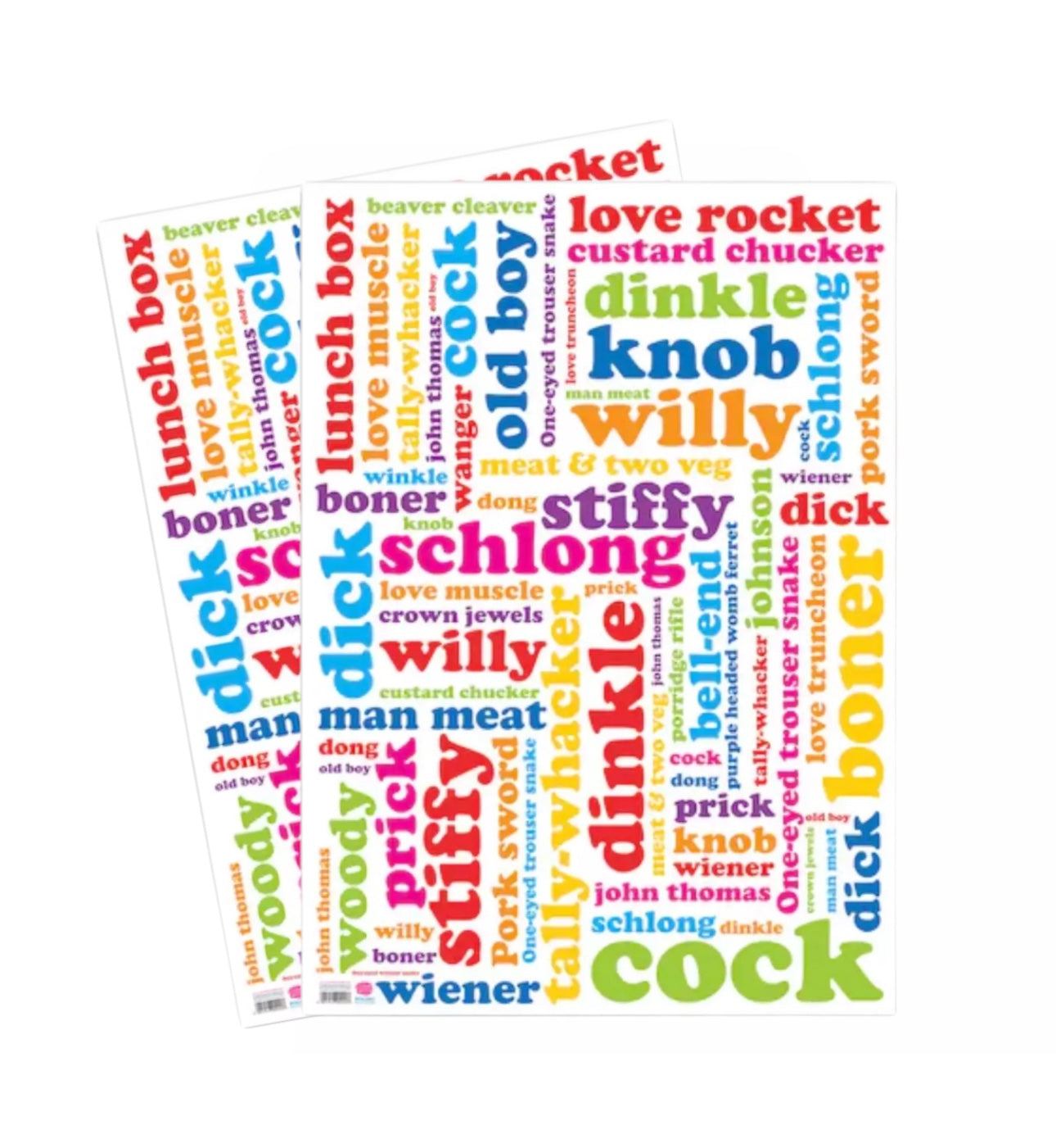 Cheeky Willie Gift Wrap with playful words on colorful background.