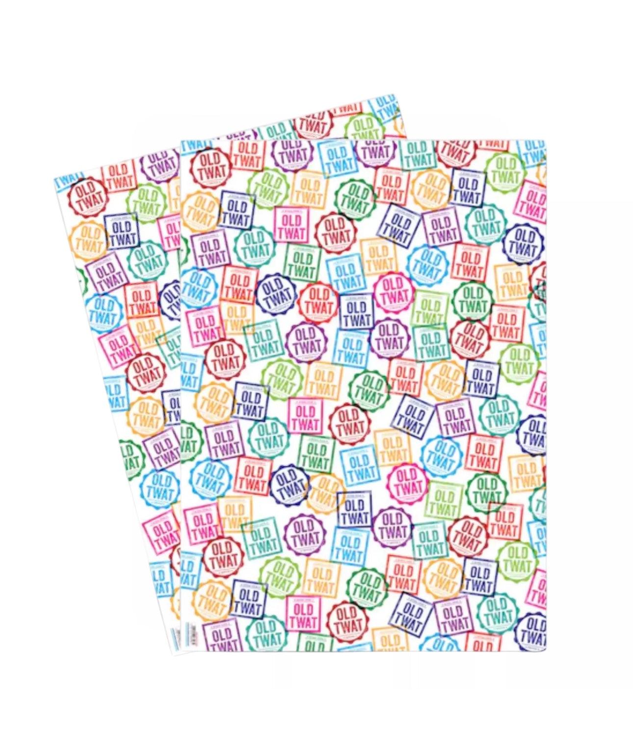 Old Twat Gift Wrap with colorful text pattern on silk-coated paper.