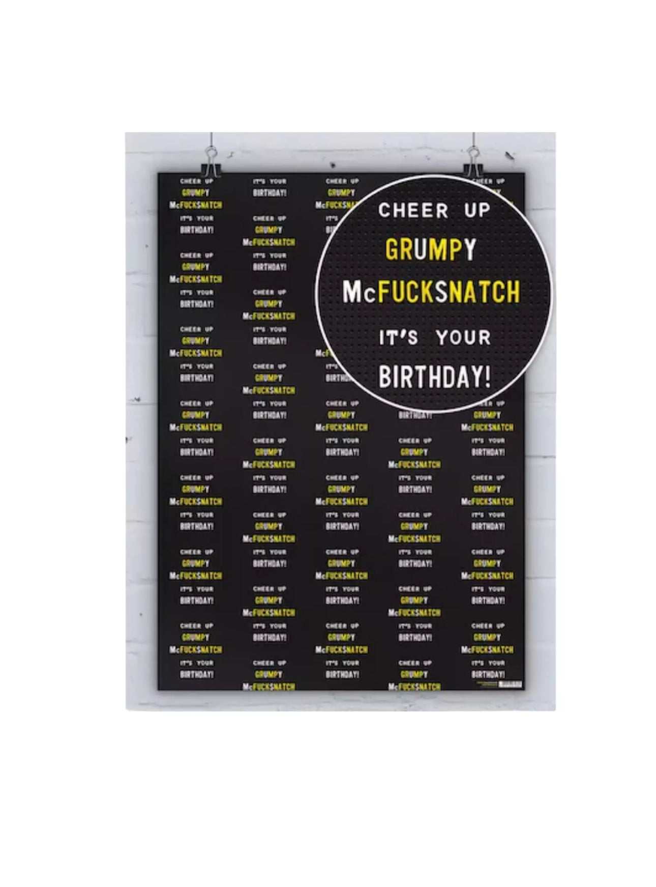 Cheeky Birthday Gift Wrap with funny Grumpy Mcfucksnatch design on silk-coated paper.