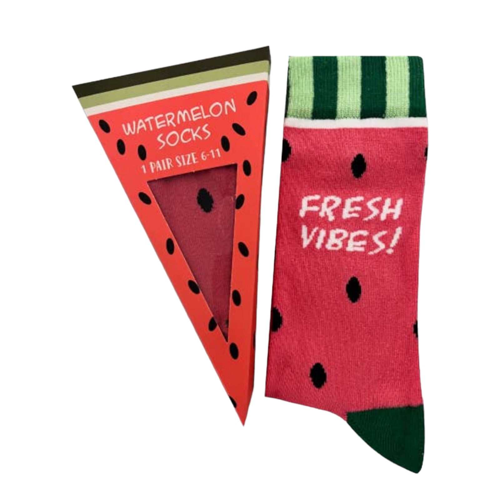 Watermelon Slice Socks in gift box with fun design and "Fresh Vibes" text.