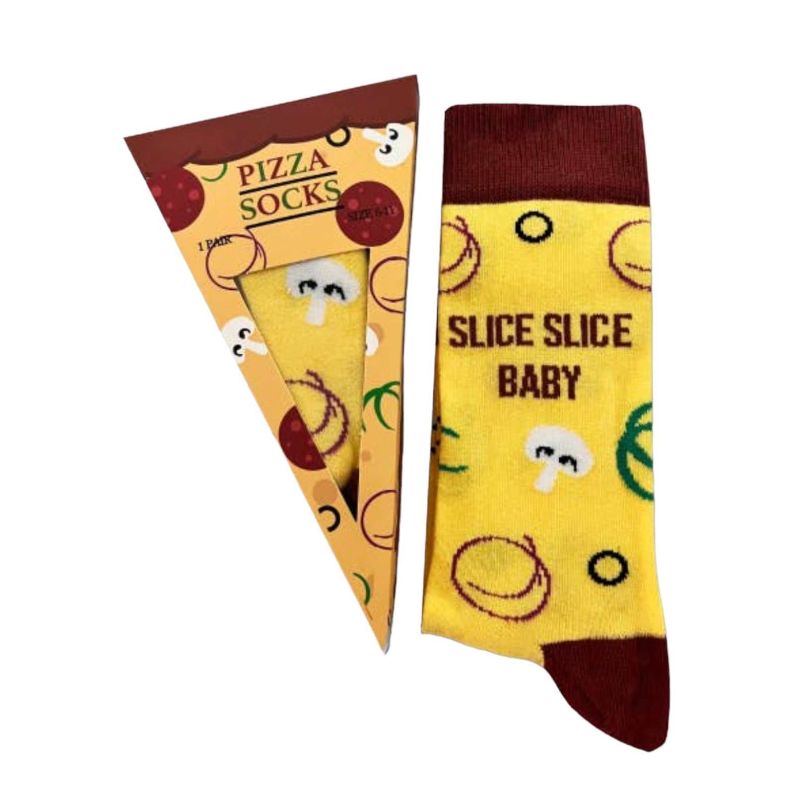Pizza Slice Socks in gift box with playful design, unisex UK size 6-11, 75% cotton.