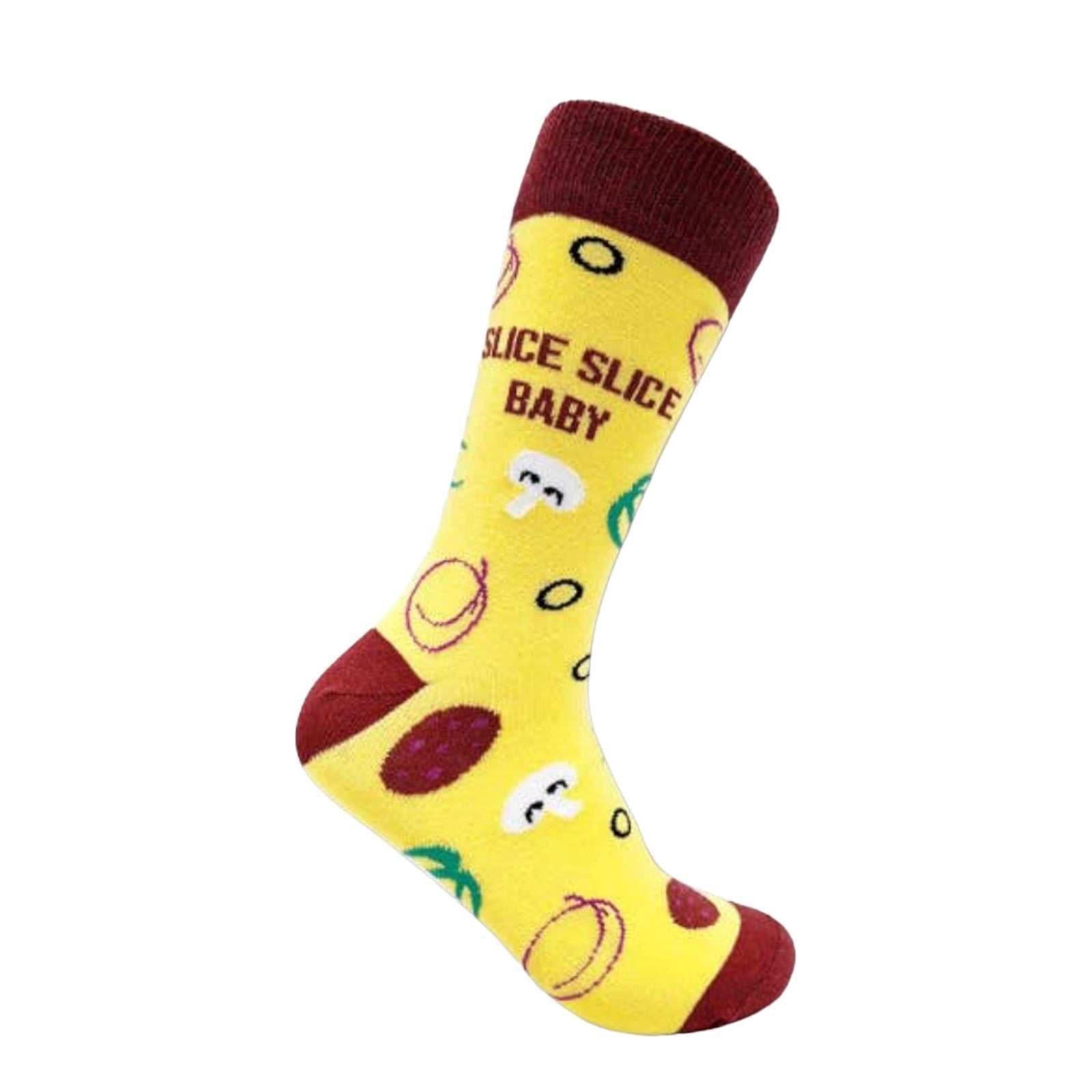 Pizza Slice Socks with playful pizza design in yellow, unisex cotton blend, size UK 6-11.