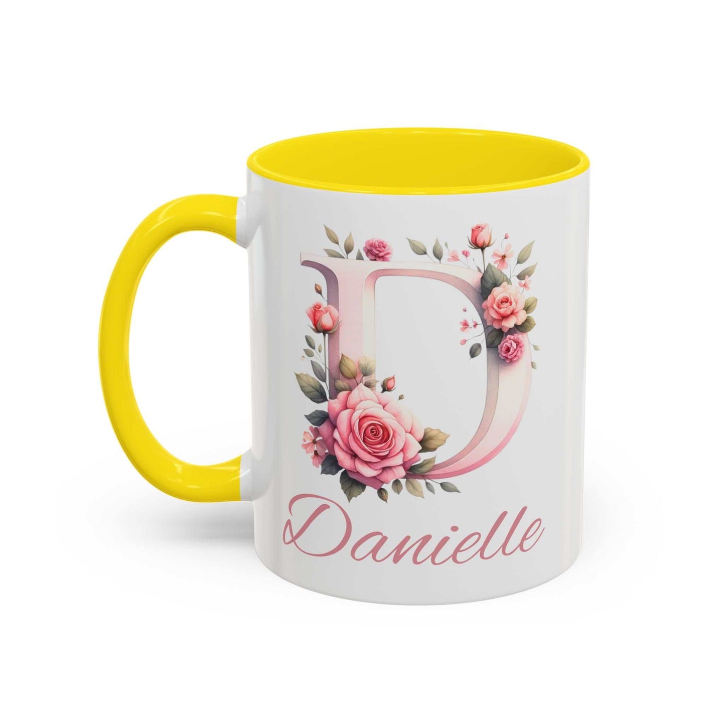 Personalised watercolour roses gift mug with name and initial, yellow interior.