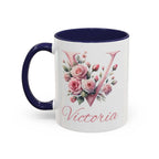Personalised watercolour gift mug with initial V and pink rose design, name Victoria, navy handle and rim