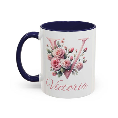 Personalised watercolour gift mug with initial V and pink rose design, name Victoria, navy handle and rim