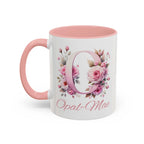 Personalised watercolour gift mug with pink handle and interior, featuring floral initial O and name Opal-Mae in elegant script