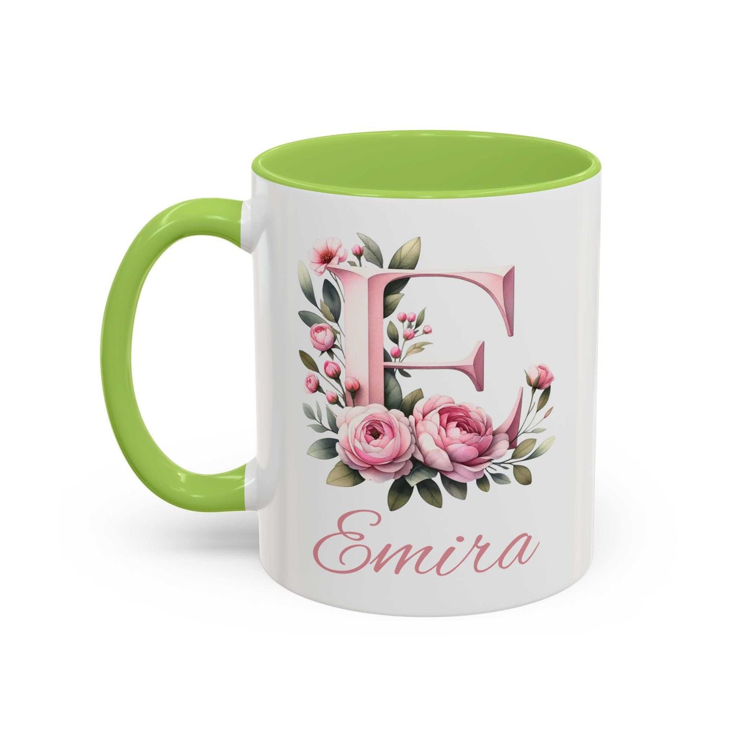 Personalised watercolour gift mug with floral letter design and green interior.