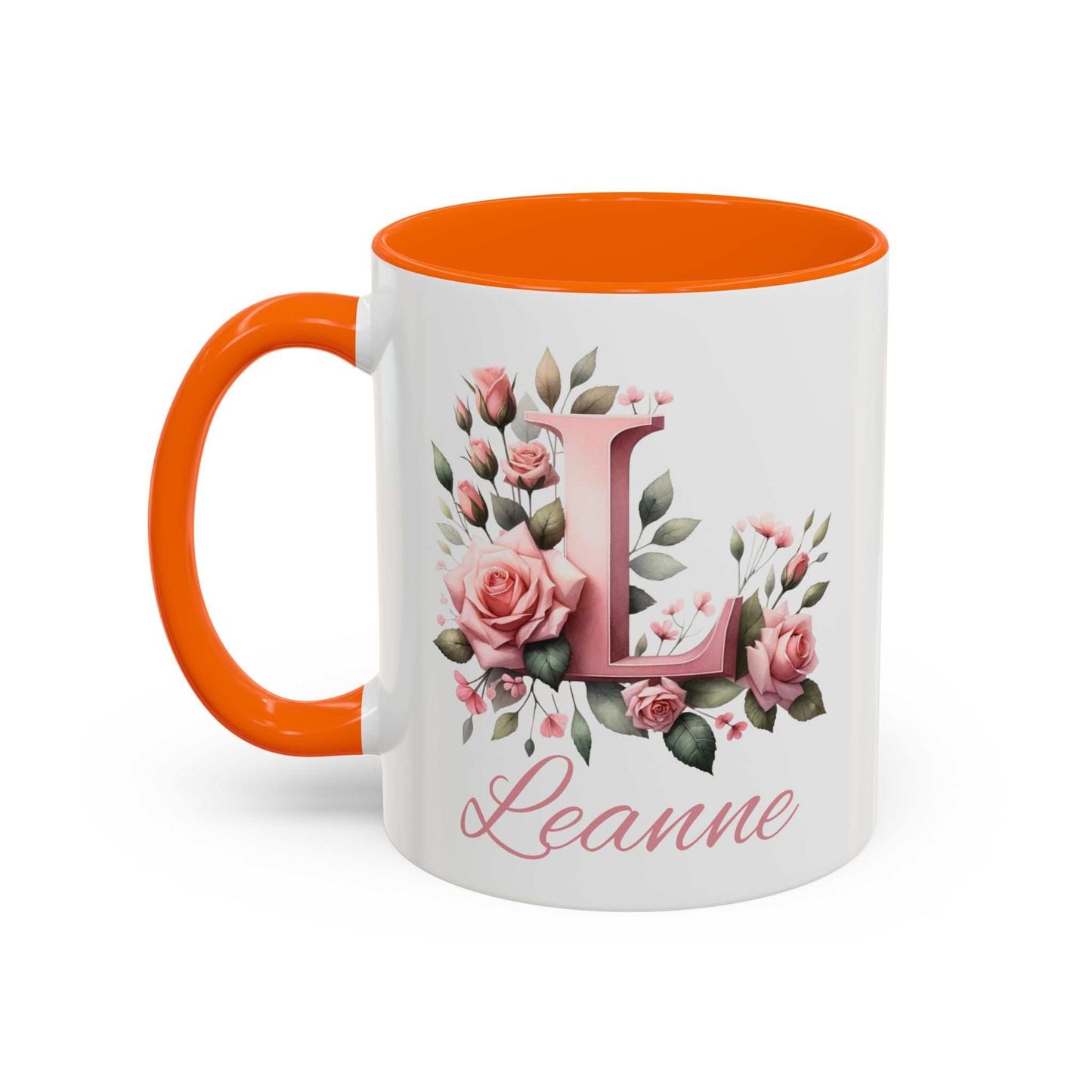 Personalised watercolour gift mug with roses design, featuring a name and initial.