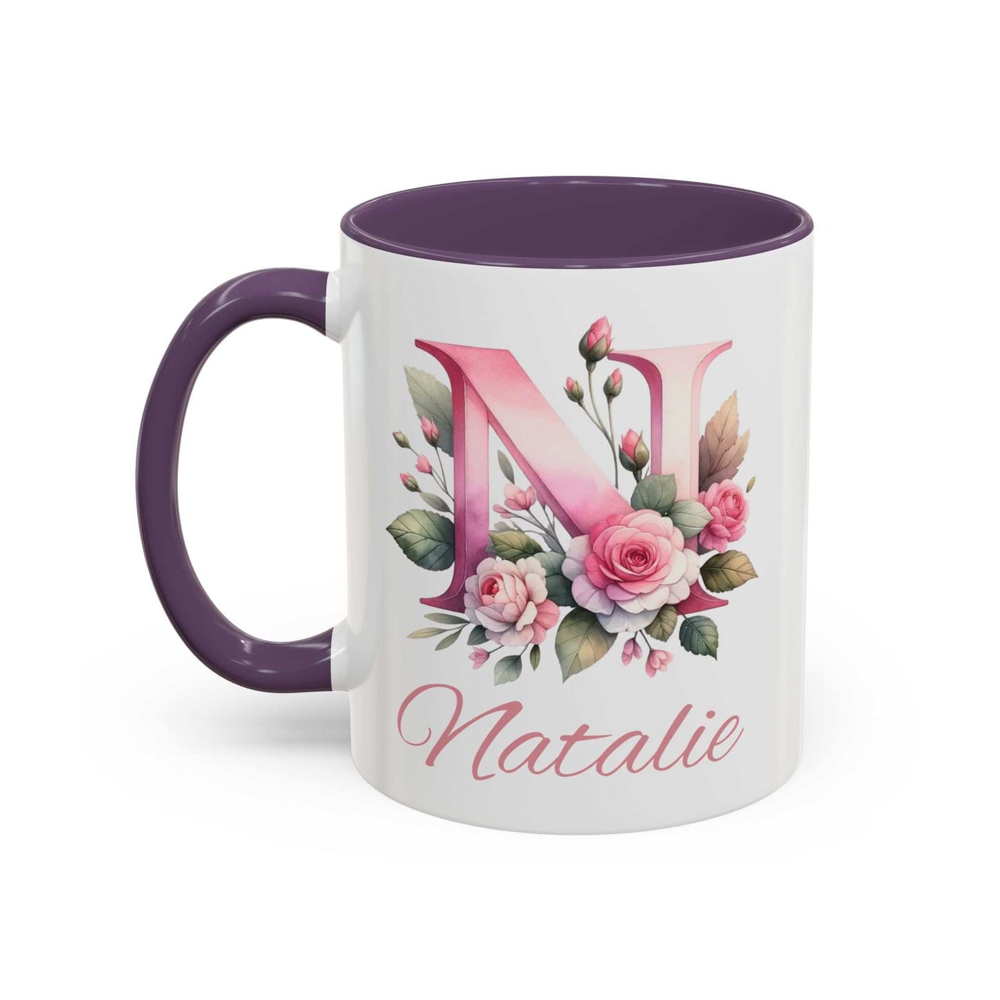 Personalised watercolour gift mug with floral design, initial, and name 'Natalie'.